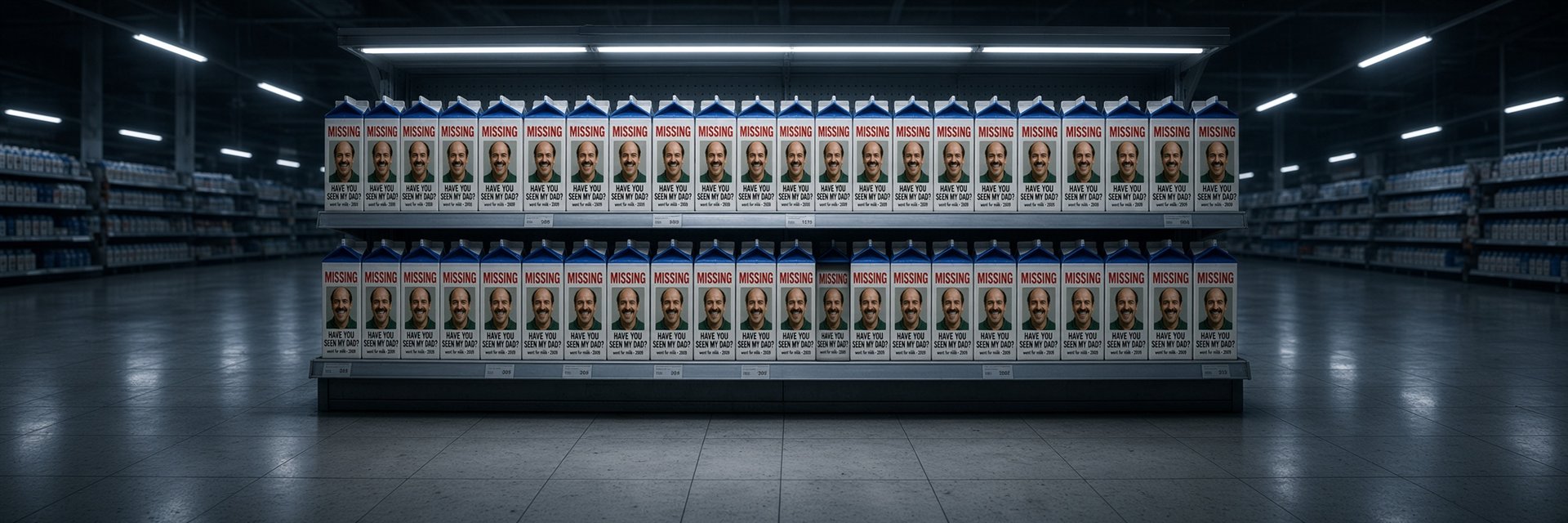 A supermarket dairy shelf at night, every milk carton printed with dad's MISSING photo