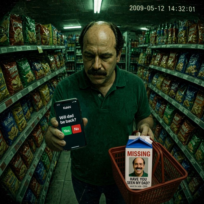 Security camera still: dad in a store aisle holding a betting app and a carton with his own MISSING photo