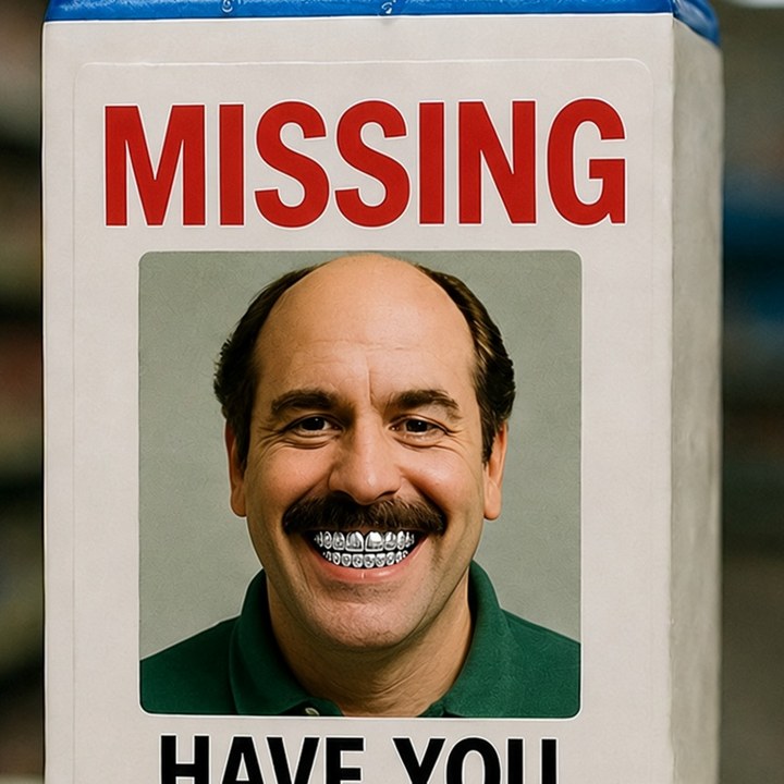 The $MILKDAD coin: dad with a chrome grill on a MISSING milk carton