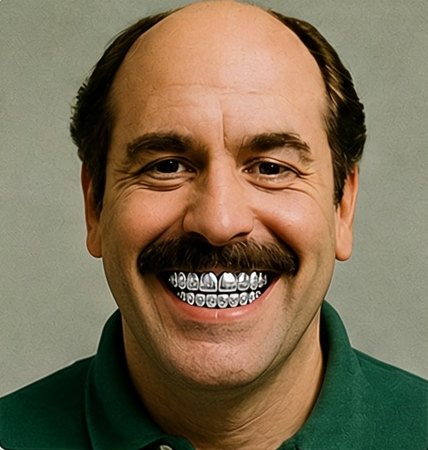 Dad: bald, mustache, chrome grill, green polo
